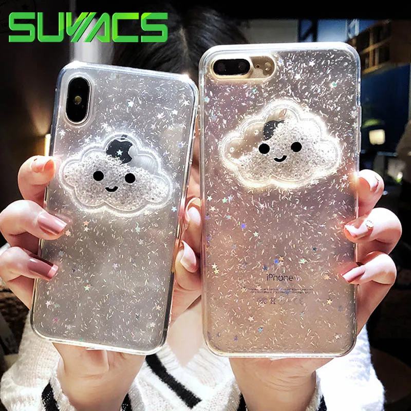 

SUYACS Glitter Star Smiley Clouds Flowing Beads Phone Case For iPhone 6 6S 7 8 Plus X Soft Epoxy Phone Back Cover Shell Coque