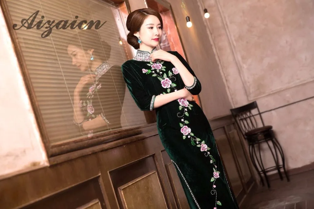 Длинный зеленый Pleuche традиционный Qipao Для женщин китайские Cheongsams бархат Vestido Oriental блестки вышивает платье Ци Ципао