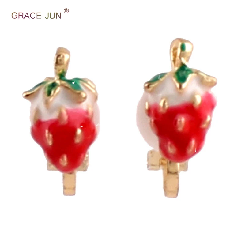 

GRACE JUN Top Quality Fashion Cute Gold Color Red Color Trawberry Shape Clip on Earrings No Pierced Cushion Earrings Good Gift