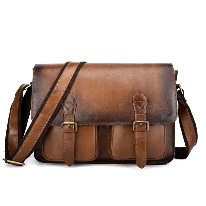

Brand Vintage Brushed Off Genuine Leather Hand-made Business Briefcase Men's Shoulder Messenger Bag Laptop Computer Tablet Pack