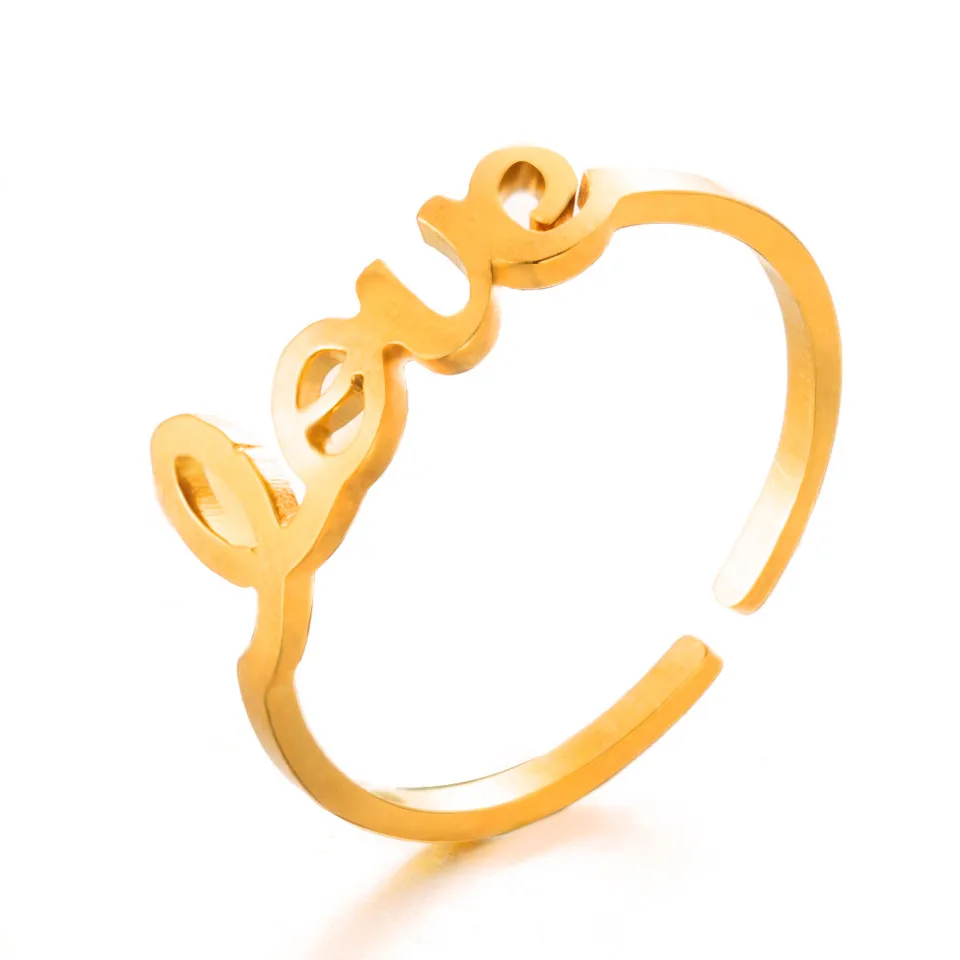 Golden Модное популярное уникальное кольцо из нержавеющей стали с надписью LOVE, Золотое серебряное кольцо для пар и женщин, вечерние ювелирные изделия для помолвки, Подарочный аксессуар - Цвет основного камня: Golden