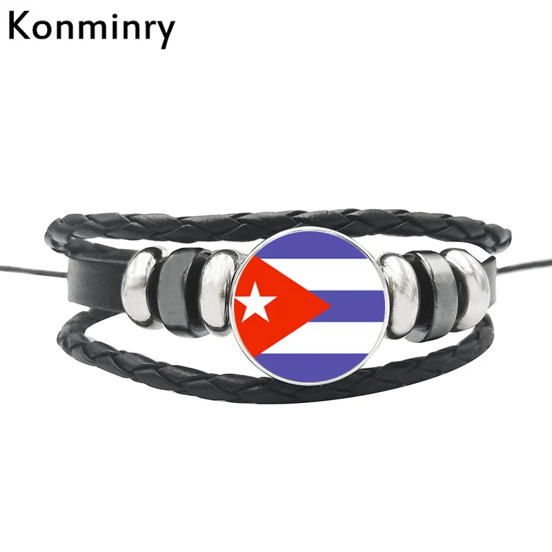 

Konminry Classic Bahamas Panama Cuba Haiti Central America National Flag Bracelet Leather Rope Glass Dome Buttons Bangle