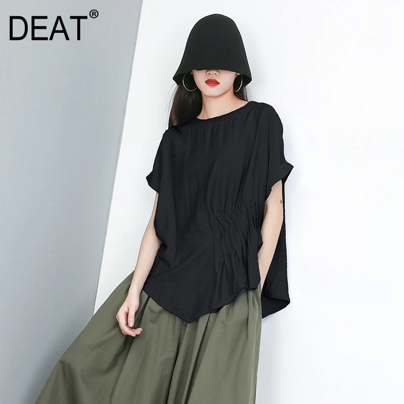 

[DEAT] 2019 New Spring Summer Round Neck Short Sleeve Black Irregular Pleated Split Joint Big Size T-shirt Women Fashion JU65
