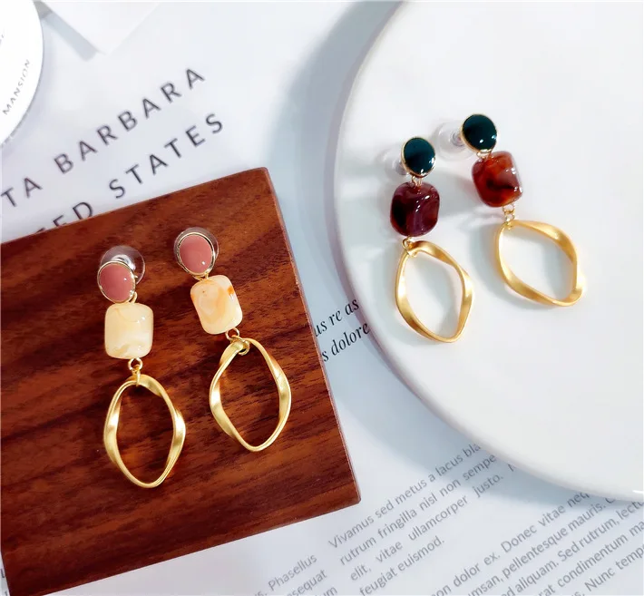

2019 New Arrival Irregular Geometric Matte Gold Circle Marble Resin Stone Statement Vintage Drop Dangle Pendientes For Women
