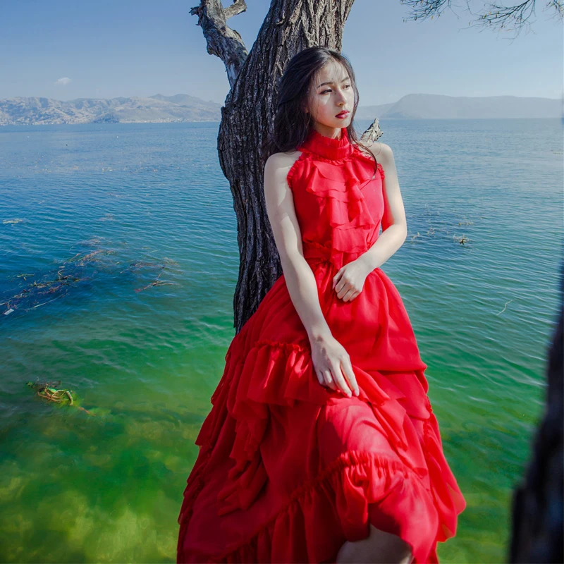 HANZANGL летние женские Холтер без бретелек гофрированное асимметричное шифоновое платье качели богемное пляжное море праздничное длинное платье