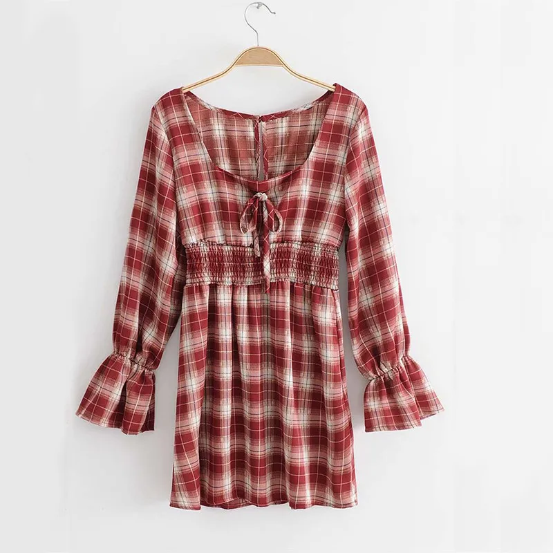 yinlinhe Red Plaid Dress Women Long Flare Sleeve Vintage Lace Up Slim Waist Summer Dress Hollow Out Elegant Vestidos
