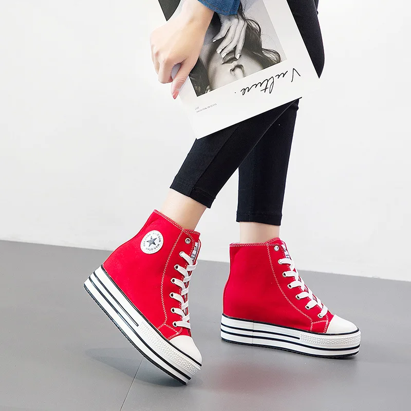 Женская повседневная обувь на высоком каблуке; коллекция года; модная женская обувь на танкетке со шнуровкой; спортивные женские кроссовки; Осенняя обувь на платформе; цвет белый, черный - Цвет: red