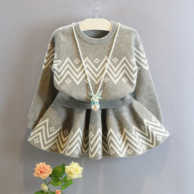 

Girls Sets Knitted Sweater Skirt 2 Pieces Sets Kids Spring Autumn Suit Children Clothing