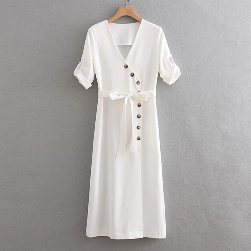 Women's Clothing Dress 2019 V-Neck Waist Lace Up Diagonal Button  Dress Ms Summer Street Sexy Slim Fit Temperament Clothing