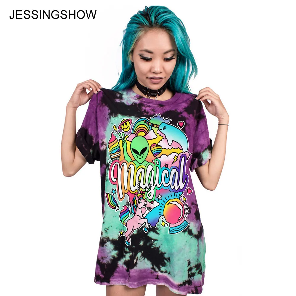 

JESSINGSHOW Brand New Summer Women T-shirt Printed Alien Playground Fashion O-Neck Short Sleeve Loose Tee Tops Shirt Femme