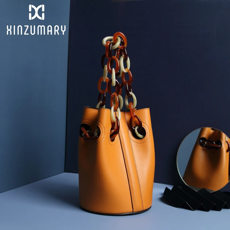 

Bag for women 2019 New Leather Female Handbags Solid color Women Bucket Bags Acrylic chain Shoulder Bags Casual Lady Messenger