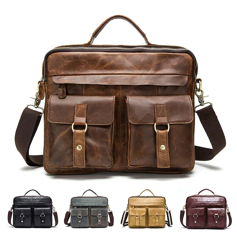 

Top Grade Male Men's Vintage Real Crazy Horse Leather Briefcase Messenger Shoulder Portfolio Laptop Bag Case Office Handbag