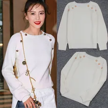 Новое поступление весенняя одежда Женская мода длинный рукав белый свитер элегантная женская Золотая кнопка-застежка Kintted Повседневный пуловер