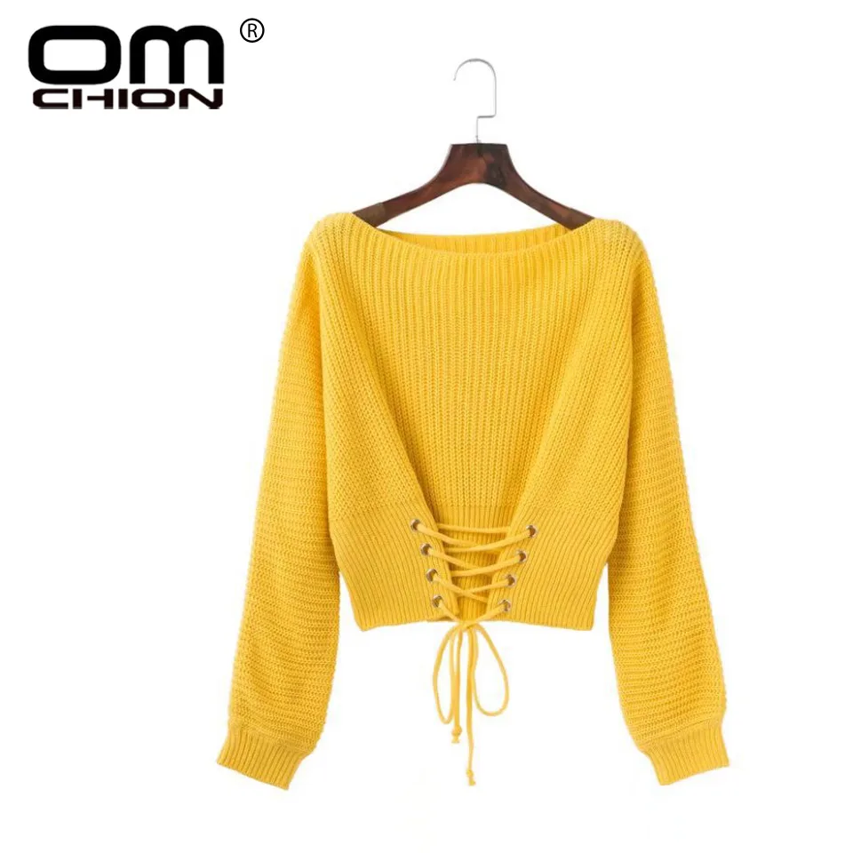 OMCHION Autumn Jumper 2018 Knitted Women Sweaters And Pullovers Adjust Waist Lace Up Bandage Knitwear Pull Femme WMY78 | Женская одежда