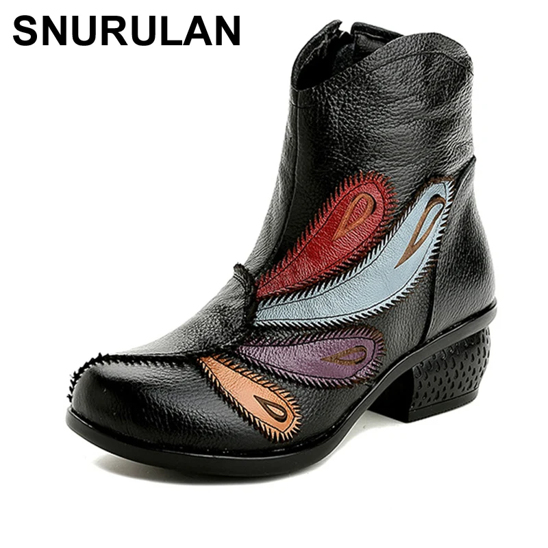 

SNURULAN Winter Shoes Woman Martin Boots Genuine Leather Ankle Shoes Women Vintage National Style Handmade Women BootsE039