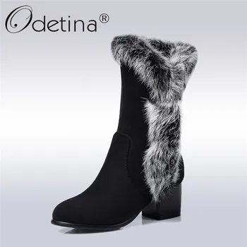 

Odetina 2017 New Fashion Winter Mid Calf Boots For Women Faux Fur Leisure Shoes Female Zipper Square Heel Boots Big Size 32-45