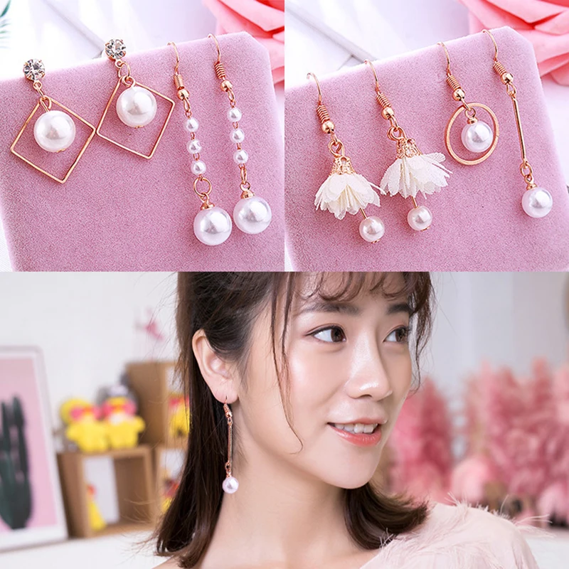 

1 Pair Sweet Girls Fresh Colorful Long Tassel Pendant Dangle Earrings Irregular Pearl Earrings Asymmetrical Geometric Earrings