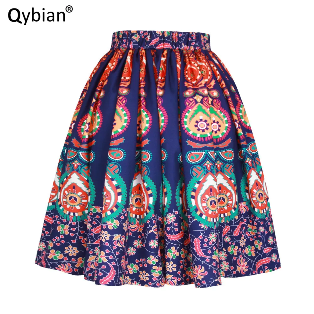 Qybian, этнический стиль, цветная печать, высокая талия, а-силуэт, миди, Женская юбка, до колен