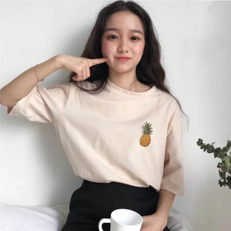 

Pineapple T Shirt Women Female T-shirt Print Fruit Black Harajuku Shirt 2019 Summer Casual Cotton Tshirts Tops