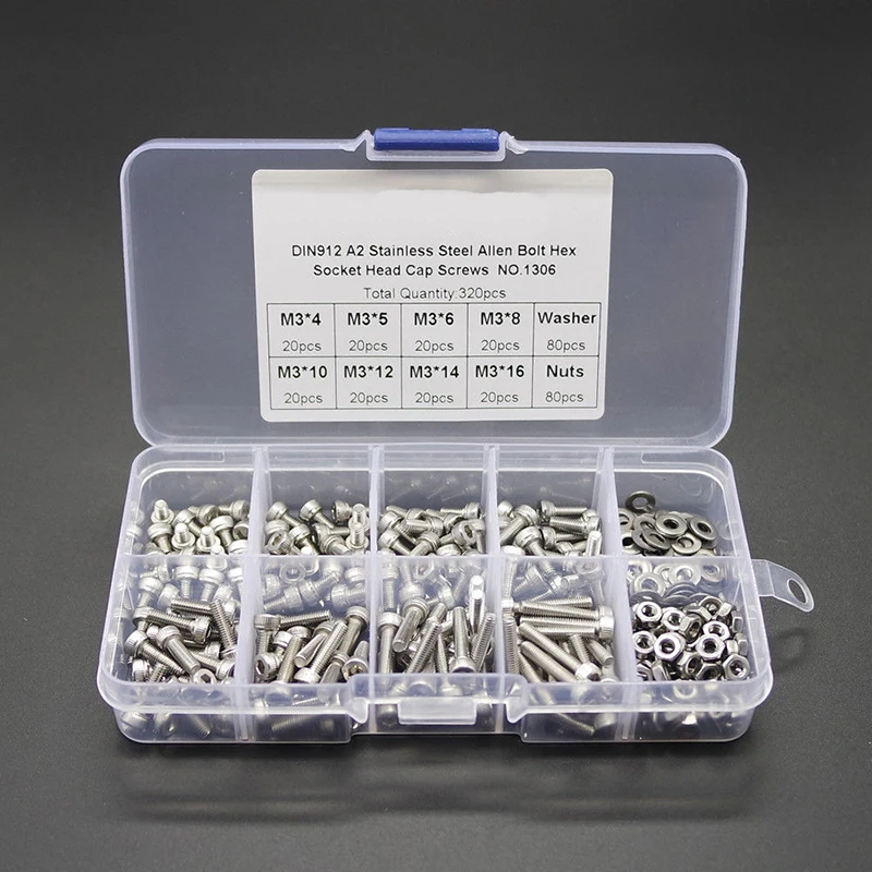 320pcs/set DIN912 M2 M2.5 M3 304 Hex Socket Screws Stainless Steel Bolts Nuts Set Mayitr Fastener Kit Hardware