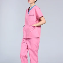 Для женщин розовый уход равномерное Медицинского Скраб комплекты с v-образным вырезом Летний топ и брюки хирурга или рабочая одежда косметолог наряд N020