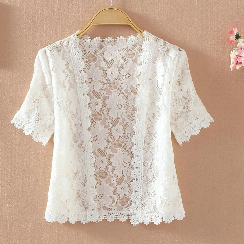 Summer Thin Lace White Shirt Women's Sunscreen Chiffon Blouse Short Sleeve Hollow Out Cardigan Tops Camisas Mujer 2019