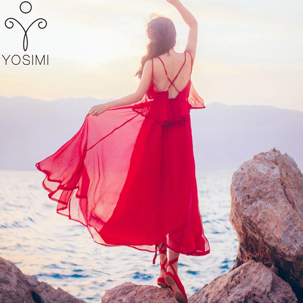 YOSIMI летнее длинное шифоновое красное женское платье для путешествий, богемное пляжное платье с рукавом-бабочкой и v-образным вырезом, длина до щиколотки, женское платье