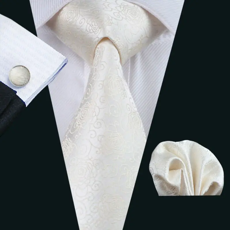 

LS-1174 Men`s Tie Ivories Floral 100% Silk Fashion Tie Hanky Cufflinks Set For Men Formal Wedding Party Business Free Postage