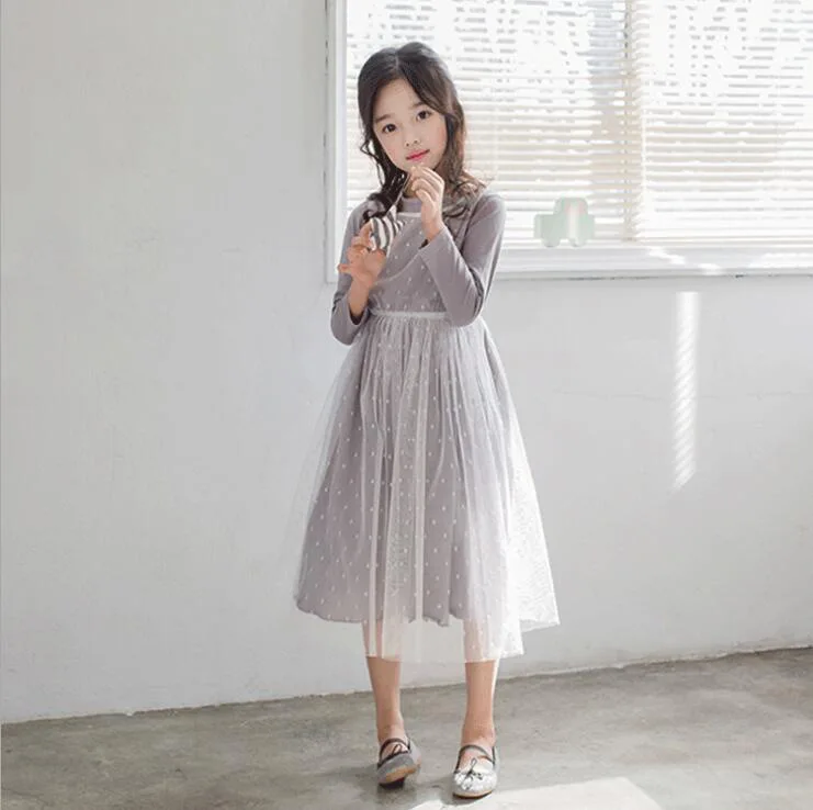 2020 Sunny Autumn Spring New Fashion Kids Casual Style Lace Dot O-Neck Little Girl Two-piece Grey Long Sleeve Designer Dresses | Детская
