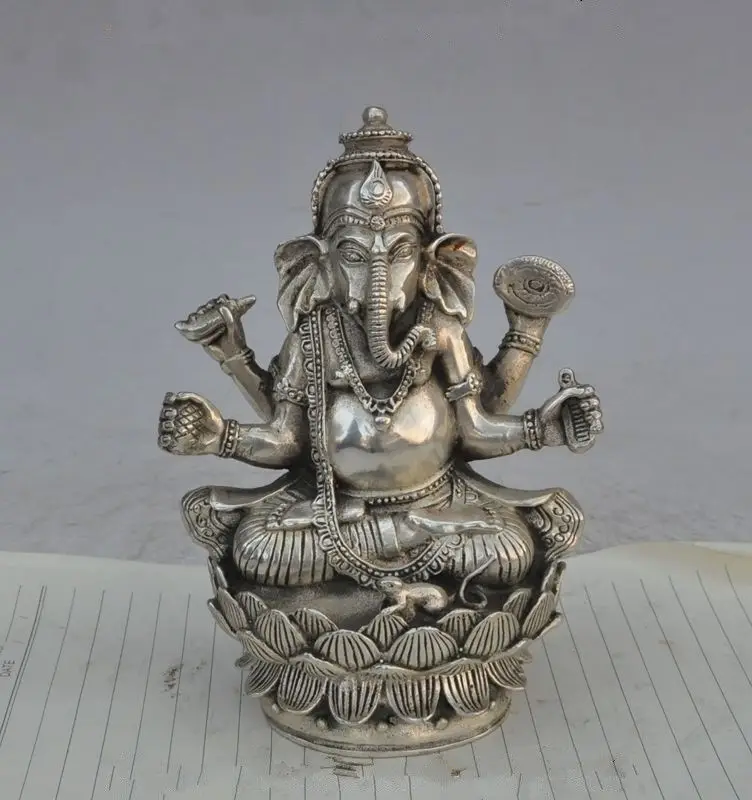 

Old Tibet Buddhism Joss Silver 4 Arm Elephant Jambhala Mammon God Buddha Statue