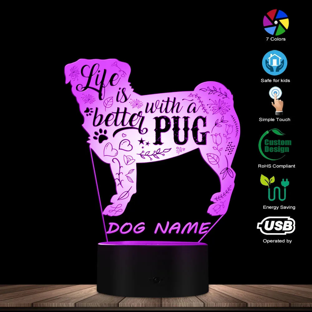 Günstige Leben ist Besser mit ein Mops LED Nachtlicht Spaß Eingreift Hund Rasse Kunst Dekorative USB Schreibtisch Lampe Custom Dog name Freund Hund Geschenk
