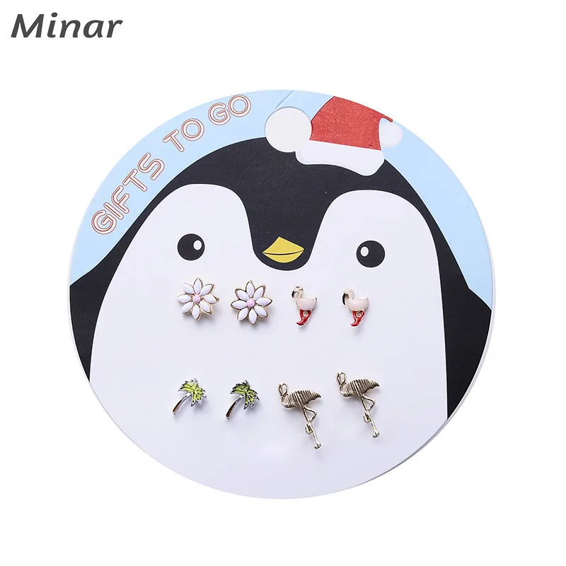 

4 Pairs Cute Small Stud Earrings Set For Women Colorful Flower Flamingo Tree Enamel Christmas Earrings Trendy Gifts For Girls