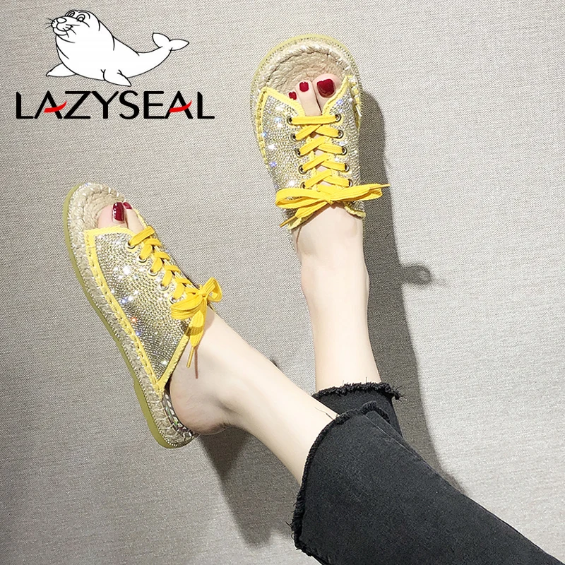 LazySeal/женские шлепанцы с кристаллами пляжные на шнуровке летние туфли плоской