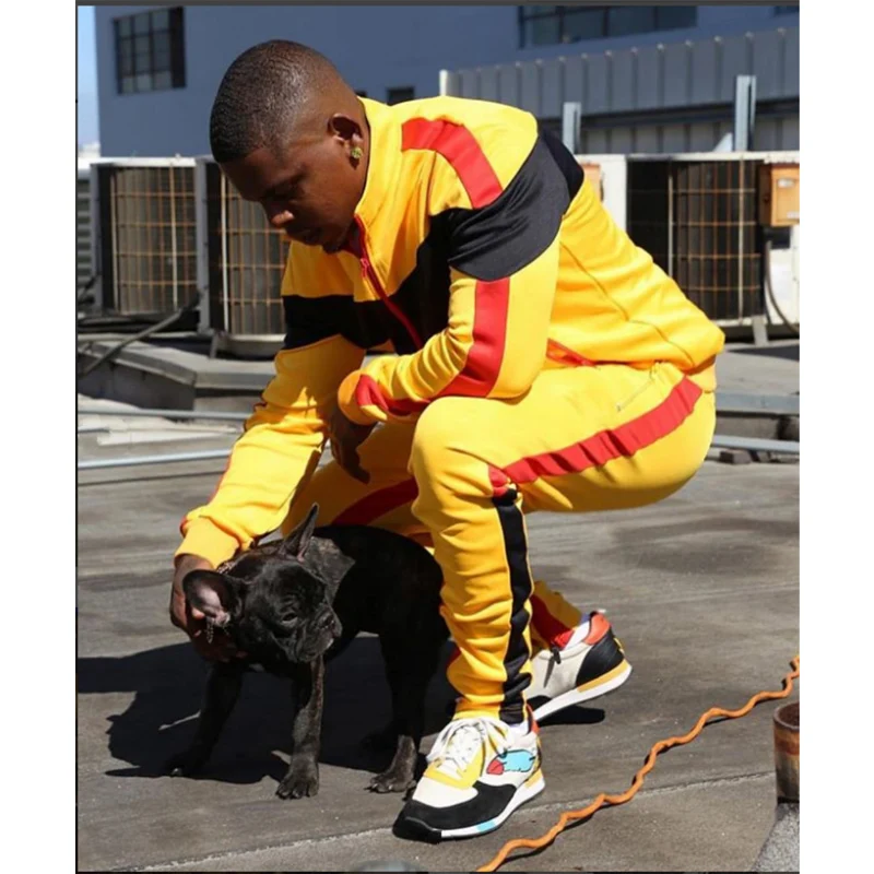 

2 Pieces Sets Tracksuit Men New Brand Spring Hoodies Sweatshirt +Drawstring Pants Male Stripe Patchwork Hoodies tracksuits