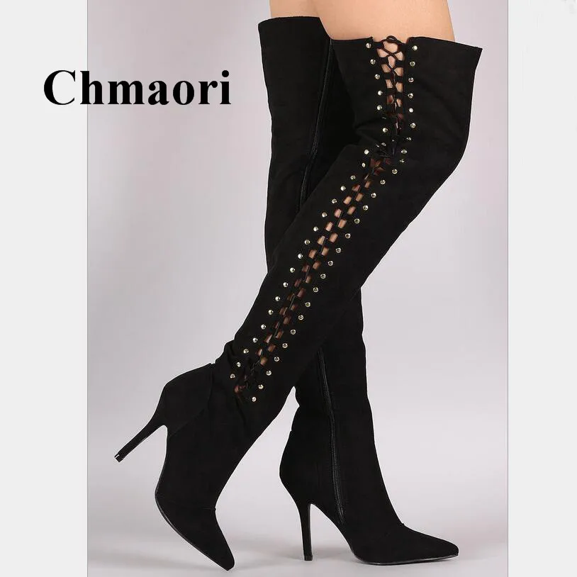 

Fashion Sexy Flock Solid Pointed Toe Over-The-Knee Zipper Thin High Heel Cross-tied Design Spring Autumn Women Boots Normal Size