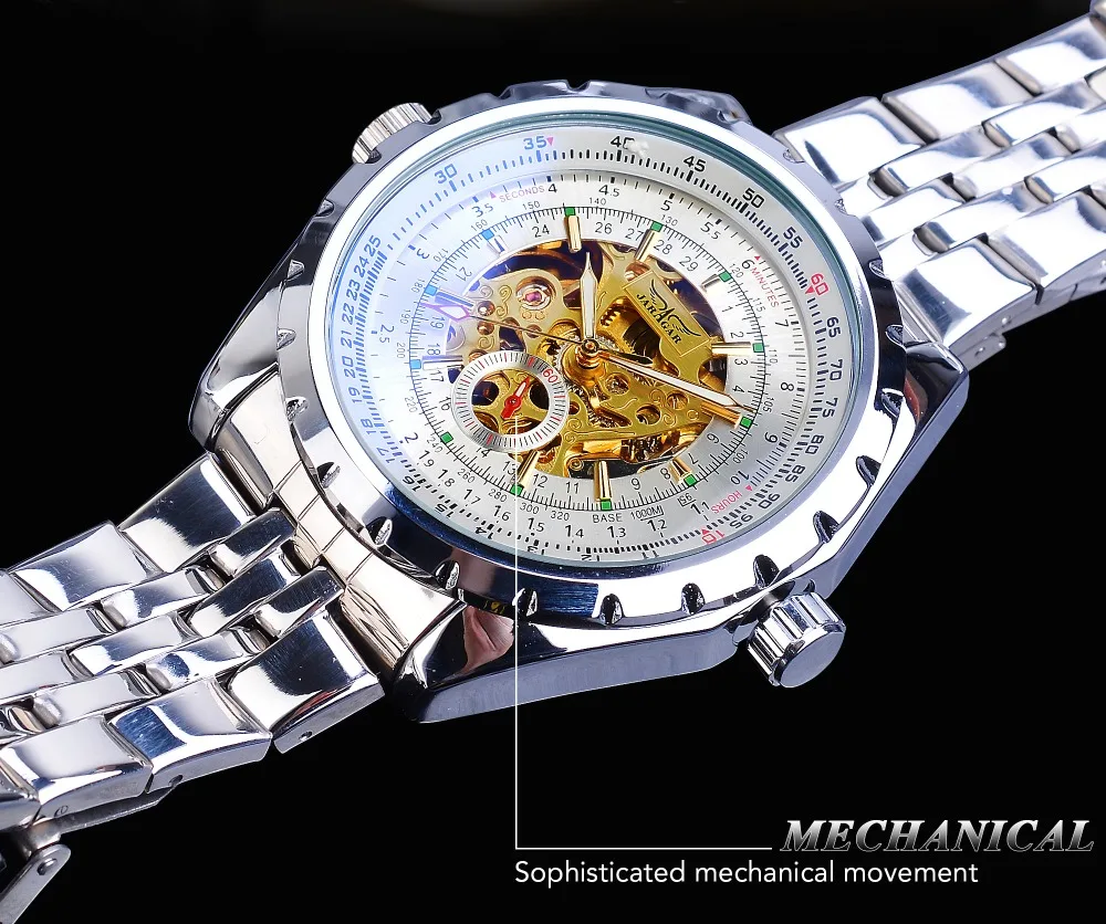 Jaragar Мужские автоматические часы серебристо-белые мужские механические часы со стальным ремешком, аналоговые спортивные армейские военные наручные часы