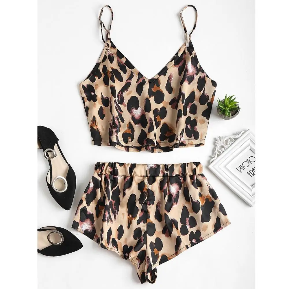 

New Sexy Summer Women Shorts Leopard Babydoll Pajamas Bow Camisole Set #4J05 Two Piece Set Matching Set Hot Summer Sexy