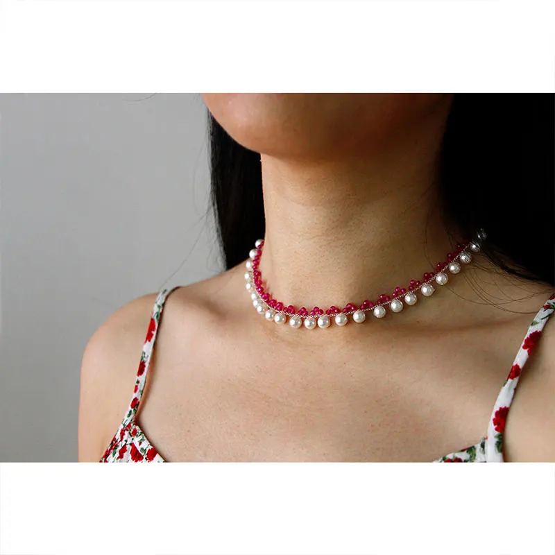 

Silver 925 Jewelry Choker Style Necklace 8mm Pearl & Red corundum Necklace S925 Sterling Silver Necklace for Women