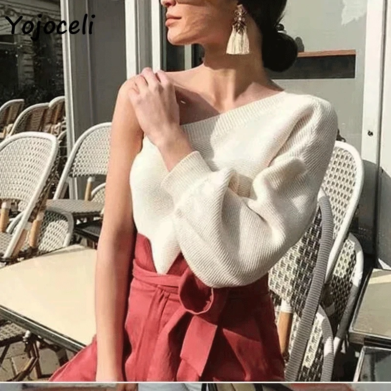 

Yojocel chic one shoulder knitted sweater pullovers women lantern sleeve party club knitted jumpers sweater