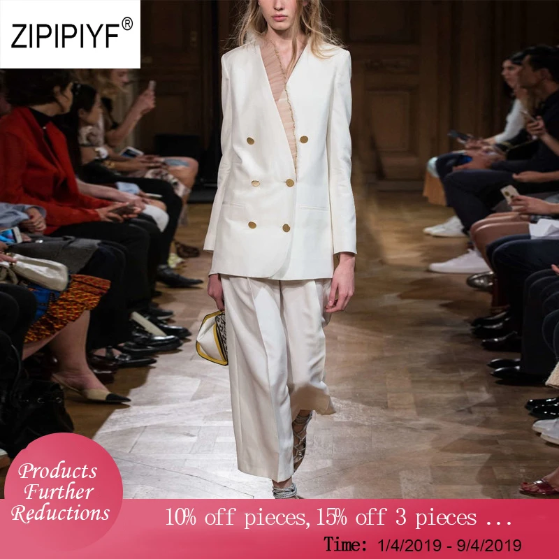 

Original Zipipiyf Office Lady Suit Sets organza Stringy spliced V-neck Double Breasted Blazer jacket +Straight Pants 2 Set AB362