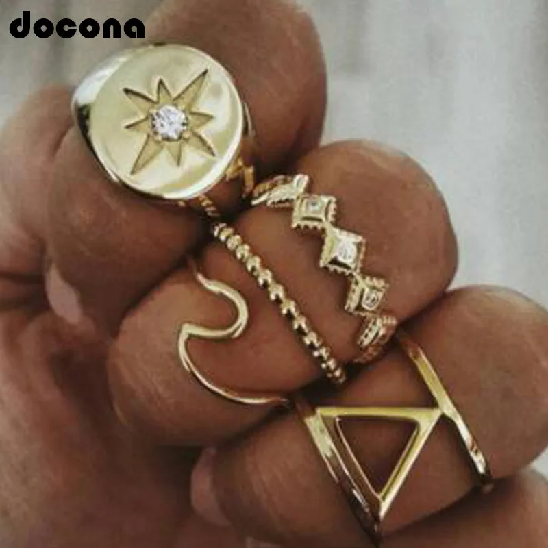 

Docona Exaggeration Triangle Star Wave Crystal Rings Set for Women Punk Metal Carved Knuckle Large Midi Ring Set Anillos 3419