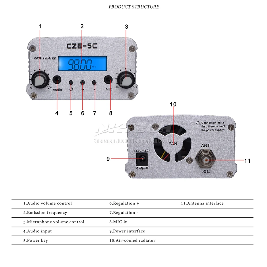 NKTECH CZE-5C PLL fm-передатчик радио вещательная станция 1 Вт/5 Вт стерео частота 76-108 МГц Профессиональный кампус усилители аудио