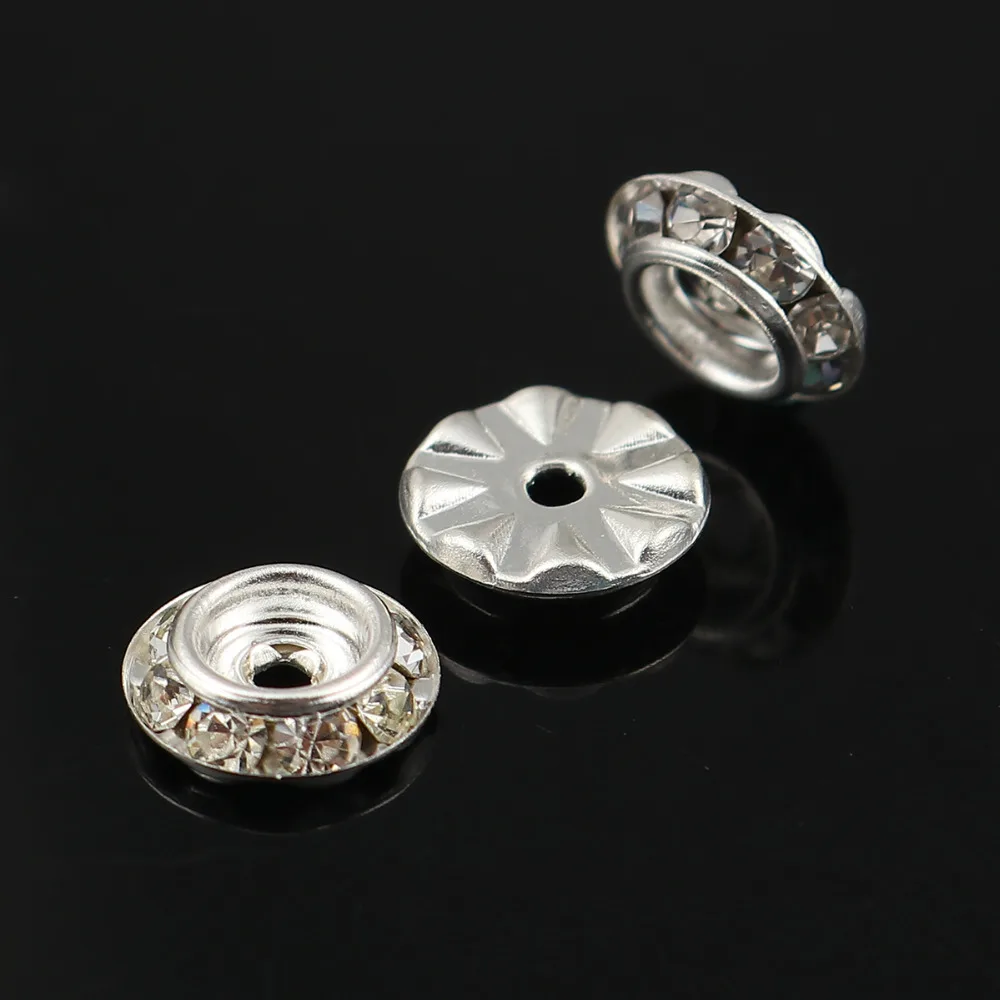

Iron Based Alloy Rondelle Spacer Beads Round Silver Plated Clear Rhinestone About 9mm( 3/8") Dia, Hole: Approx 1.6mm, 50 PCs