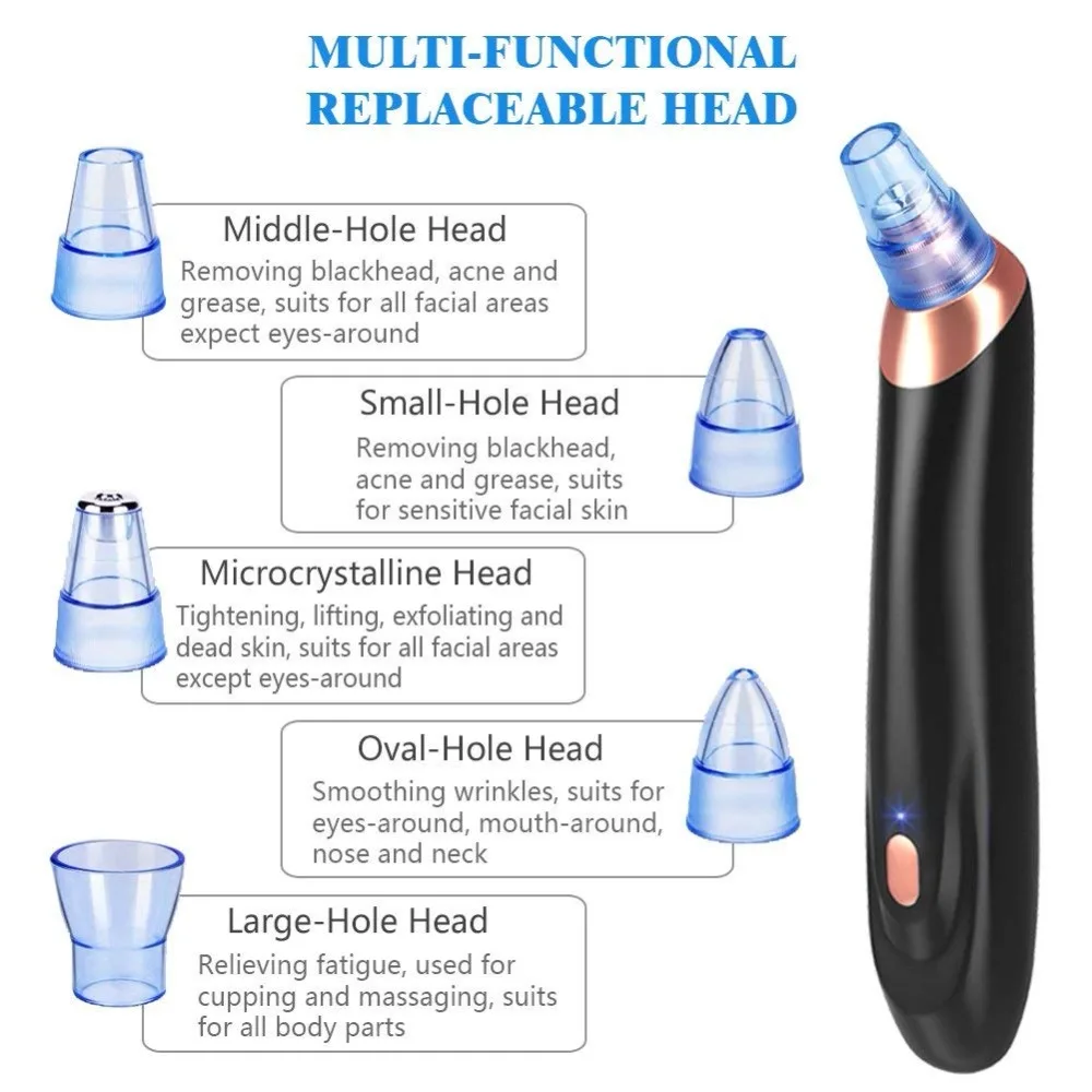Многофункциональный Электрический вакуумный отсос для угрей, инструмент для удаления пор, очиститель акне, очищающий уход за лицом, красота с 5 головками
