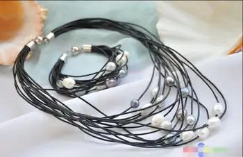 

Wholesale price 16new ^^^^P5235 15row 13mm gray black white rice pearl black leather necklace & bracelet