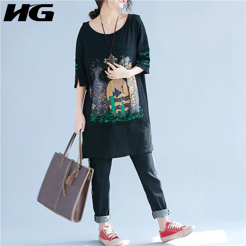 

HG Women Oversized T Shirt Women Printing Wild Long Tshirt Big Size Splite Korea Style Literary Leisure Ladies Tops ZYQ1035