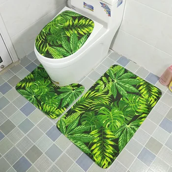 

3PC/SET Nordic Plant Printing Bathroom Mat Green Floral Leaves Printed Mat Anti Slip Toilet Seat Cover Contour Rug