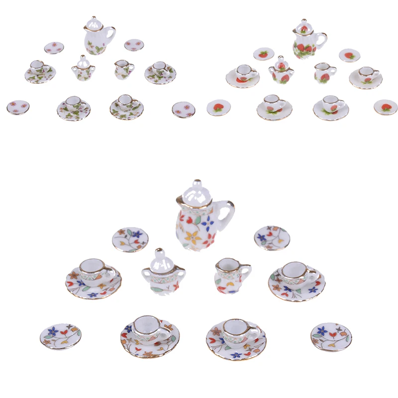 

15 PCS/Set 1:12 Scale Dollhouse Tableware Miniature Furniture Purple Flower China Dolls Ceramic Tea Sets