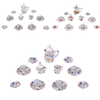 

15 PCS/Set 1:12 Scale Dollhouse Tableware Miniature Furniture Purple Flower China Dolls Ceramic Tea Sets