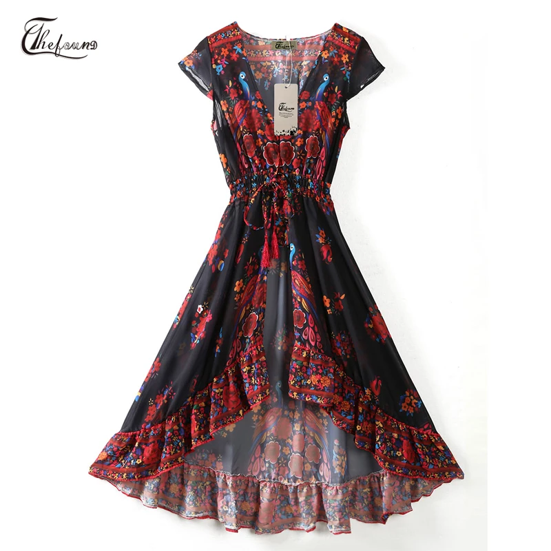 

Women Ladies Fashion Sweet Summer Chiffon Dress Deep V-Neck Sashes Floral Print Ruffles High Waist Ankle-Length Dress